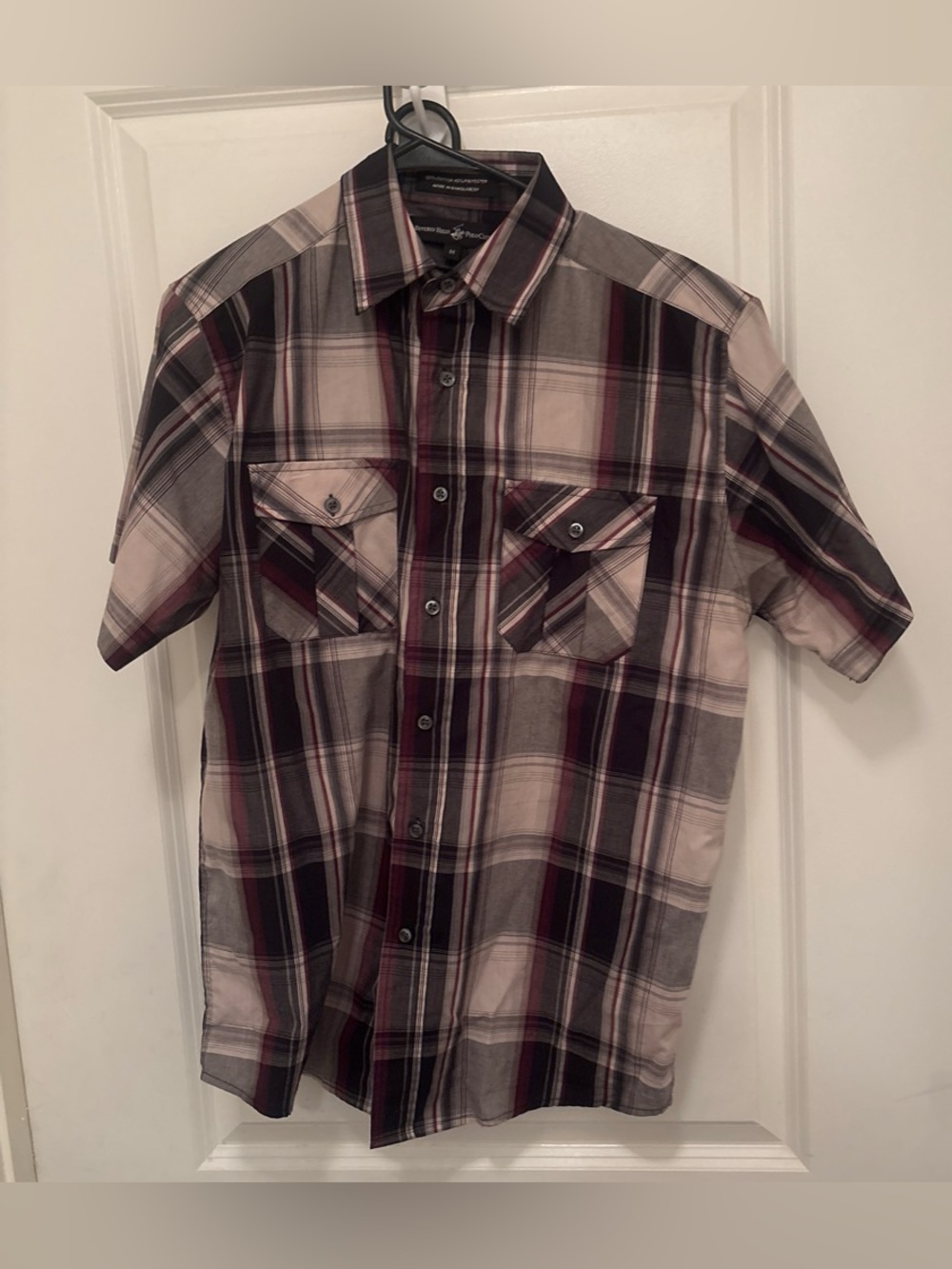 Men's Short-Sleeve Plaid Button-Up Shirt - Burgundy and Gray